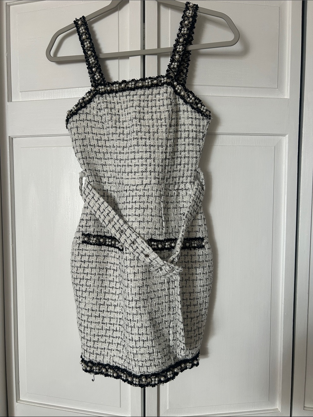 White & Black Tweed Strap Dress with Pearl Trim